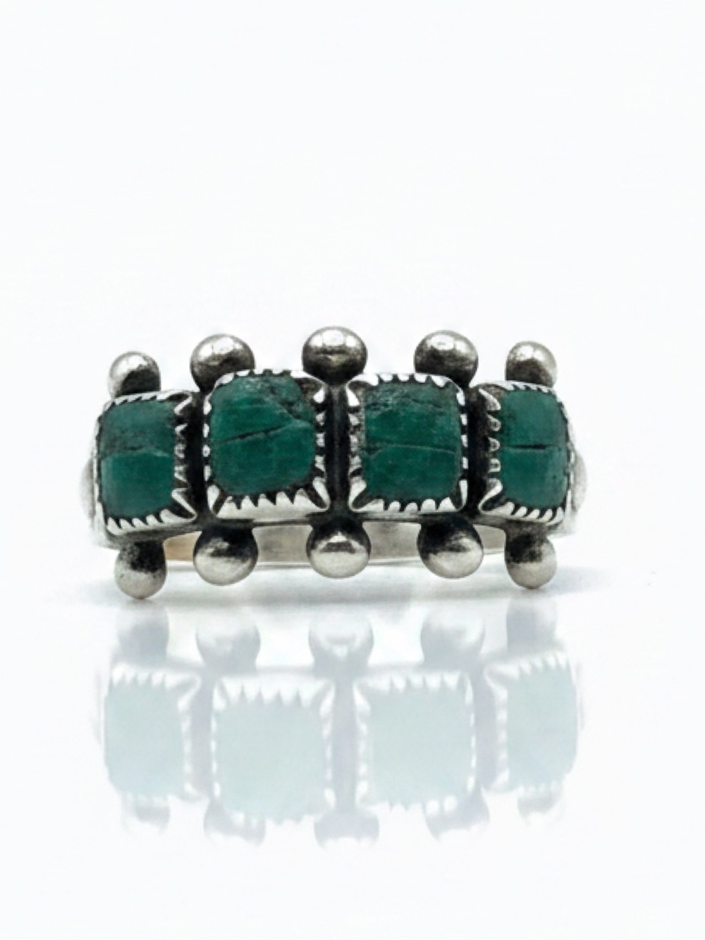 Vintage Green Turquoise Sterling Silver Zuni Style Row Ring Size 7